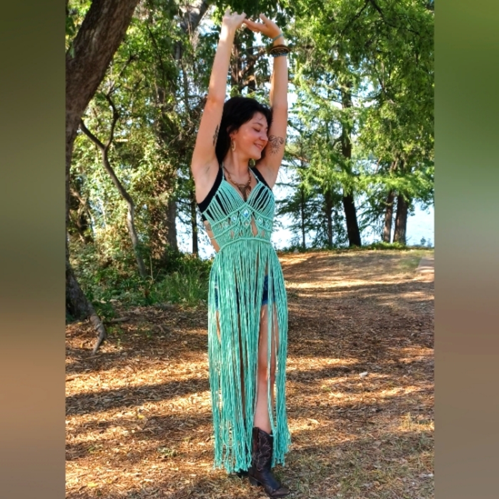 Handmade Macreme Boho Festival Dress Mint Green